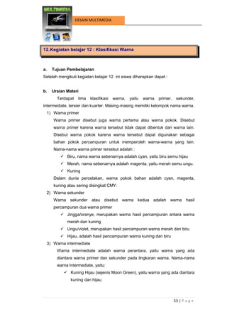 53 | P a g e 
DESAIN MULTIMEDIA 
12. Kegiatan belajar 12 : Klasifikasi Warna 
a. Tujuan Pembelajaran 
Setelah mengikuti kegiatan belajar 12 ini siswa diharapkan dapat : 
b. Uraian Materi 
Terdapat lima klasifikasi warna, yaitu warna primer, sekunder, intermediate, tersier dan kuarter. Masing-masing memiliki kelompok nama warna. 
1) Warna primer 
Warna primer disebut juga warna pertama atau warna pokok. Disebut warna primer karena warna tersebut tidak dapat dibentuk dari warna lain. Disebut warna pokok karena warna tersebut dapat digunakan sebagai bahan pokok percampuran untuk memperoleh warna-warna yang lain. Nama-nama warna primer tersebut adalah : 
 Biru, nama warna sebenarnya adalah cyan, yaitu biru semu hijau 
 Merah, nama sebenarnya adalah magenta, yaitu merah semu ungu. 
 Kuning 
Dalam dunia percetakan, warna pokok bahan adalah cyan, magenta, kuning atau sering disingkat CMY. 
2) Warna sekunder 
Warna sekunder atau disebut warna kedua adalah warna hasil percampuran dua warna primer 
 Jingga/oranye, merupakan warna hasil percampuran antara warna merah dan kuning 
 Ungu/violet, merupakan hasil percampuran warna merah dan biru 
 Hijau, adalah hasil pencampuran warna kuning dan biru 
3) Warna intermediate 
Warna intermediate adalah warna perantara, yaitu warna yang ada diantara warna primer dan sekunder pada lingkaran warna. Nama-nama warna Intermediate, yaitu: 
 Kuning Hijau (sejenis Moon Green), yaitu warna yang ada diantara kuning dan hijau.  