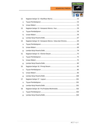 vi | P a g e 
DESAIN MULTIMEDIA 
12. Kegiatan belajar 12 : Klasifikasi Warna ......................................................... 53 
a. Tujuan Pembelajaran .................................................................................... 53 
b. Uraian Materi ................................................................................................ 53 
13. Kegiatan belajar 13 : Komposisi Warna : Hue ............................................... 59 
a. Tujuan Pembelajaran .................................................................................... 59 
b. Uraian Materi ................................................................................................ 59 
g. Lembar Kerja Peserta Didik. .......................................................................... 67 
14. Kegiatan belajar 14 : Komposisi Warna : Value dan Chroma ........................ 69 
a. Tujuan Pembelajaran .................................................................................... 69 
b. Uraian Materi ................................................................................................ 69 
g. Lembar Kerja Peserta Didik. .......................................................................... 74 
15. Kegiatan belajar 15 : Elemen Desain ............................................................. 75 
a. Tujuan Pembelajaran .................................................................................... 75 
b. Uraian Materi ................................................................................................ 75 
g. Lembar Kerja Peserta Didik. .......................................................................... 82 
16. Kegiatan belajar 16 : Prinsip Desain .............................................................. 83 
a. Tujuan Pembelajaran .................................................................................... 83 
b. Uraian Materi ................................................................................................ 83 
g. Lembar Kerja Peserta Didik. ........................................................................ 100 
17. Kegiatan belajar 17 : Layout ....................................................................... 101 
a. Tujuan Pembelajaran .................................................................................. 101 
g. Lembar Kerja Peserta Didik. ........................................................................ 101 
18. Kegiatan belajar 18 : Pra Produksi Multimedia ........................................... 102 
a. Tujuan Pembelajaran .................................................................................. 102 
g. Lembar Kerja Peserta Didik. ........................................................................ 103 
 