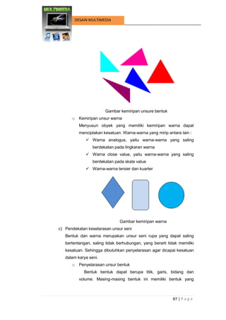 87 | P a g e 
DESAIN MULTIMEDIA 
Gambar kemiripan unsure bentuk 
o Kemiripan unsur warna 
Menyusun obyek yang memiliki kemiripan warna dapat menciptakan kesatuan. Warna-warna yang mirip antara lain : 
 Warna analogus, yaitu warna-warna yang saling berdekatan pada lingkaran warna 
 Warna close value, yaitu warna-warna yang saling berdekatan pada skala value 
 Warna-warna tersier dan kuarter 
Gambar kemiripan warna 
c) Pendekatan keselarasan unsur seni 
Bentuk dan warna merupakan unsur seni rupa yang dapat saling bertentangan, saling tidak berhubungan, yang berarti tidak memiliki kesatuan. Sehingga dibutuhkan penyelarasan agar dicapai kesatuan dalam karya seni. 
o Penyelarasan unsur bentuk 
Bentuk bentuk dapat berupa titik, garis, bidang dan volume. Masing-masing bentuk ini memiliki bentuk yang  