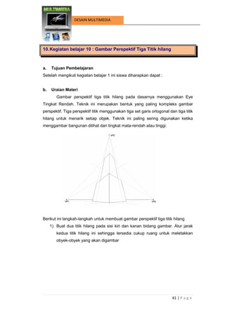 41 | P a g e 
DESAIN MULTIMEDIA 
10. Kegiatan belajar 10 : Gambar Perspektif Tiga Titik hilang 
a. Tujuan Pembelajaran 
Setelah mengikuti kegiatan belajar 1 ini siswa diharapkan dapat : 
b. Uraian Materi 
Gambar perspektif tiga titik hilang pada dasarnya menggunakan Eye Tingkat Rendah. Teknik ini merupakan bentuk yang paling kompleks gambar perspektif. Tiga perspektif titik menggunakan tiga set garis ortogonal dan tiga titik hilang untuk menarik setiap objek. Teknik ini paling sering digunakan ketika menggambar bangunan dilihat dari tingkat mata-rendah atau tinggi. 
Berikut ini langkah-langkah untuk membuat gambar perspektif tiga titik hilang 
1) Buat dua titik hilang pada sisi kiri dan kanan bidang gambar. Atur jarak kedua titik hilang ini sehingga tersedia cukup ruang untuk meletakkan obyek-obyek yang akan digambar  