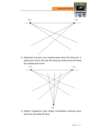 42 | P a g e 
DESAIN MULTIMEDIA 
2) Selanjutnya buat garis yang menghubungkan kedua titik hilang tadi, ini adalah garis horison. Buat satu titik hilang lagi diantara kedua titik hilang tadi, dibawah garis horison 
3) Mulailah menggambar obyek dengan memanfaatkan pertemuan garis- garis bantu dari setiap titik hilang  