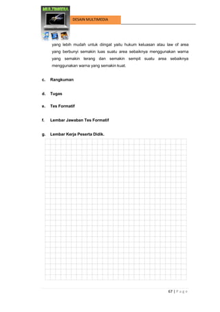 67 | P a g e 
DESAIN MULTIMEDIA 
yang lebih mudah untuk diingat yaitu hukum keluasan atau law of area yang berbunyi semakin luas suatu area sebaiknya menggunakan warna yang semakin terang dan semakin sempit suatu area sebaiknya menggunakan warna yang semakin kuat. 
c. Rangkuman 
d. Tugas 
e. Tes Formatif 
f. Lembar Jawaban Tes Formatif 
g. Lembar Kerja Peserta Didik. 
 