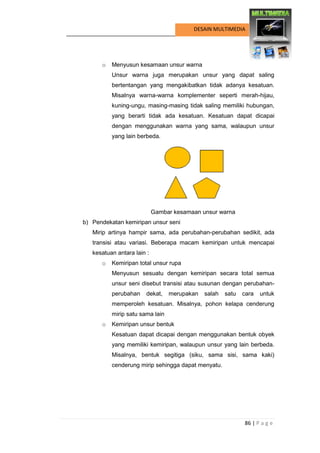 86 | P a g e 
DESAIN MULTIMEDIA 
o Menyusun kesamaan unsur warna 
Unsur warna juga merupakan unsur yang dapat saling bertentangan yang mengakibatkan tidak adanya kesatuan. Misalnya warna-warna komplementer seperti merah-hijau, kuning-ungu, masing-masing tidak saling memiliki hubungan, yang berarti tidak ada kesatuan. Kesatuan dapat dicapai dengan menggunakan warna yang sama, walaupun unsur yang lain berbeda. 
Gambar kesamaan unsur warna 
b) Pendekatan kemiripan unsur seni 
Mirip artinya hampir sama, ada perubahan-perubahan sedikit, ada transisi atau variasi. Beberapa macam kemiripan untuk mencapai kesatuan antara lain : 
o Kemiripan total unsur rupa 
Menyusun sesuatu dengan kemiripan secara total semua unsur seni disebut transisi atau susunan dengan perubahan- perubahan dekat, merupakan salah satu cara untuk memperoleh kesatuan. Misalnya, pohon kelapa cenderung mirip satu sama lain 
o Kemiripan unsur bentuk 
Kesatuan dapat dicapai dengan menggunakan bentuk obyek yang memiliki kemiripan, walaupun unsur yang lain berbeda. Misalnya, bentuk segitiga (siku, sama sisi, sama kaki) cenderung mirip sehingga dapat menyatu.  