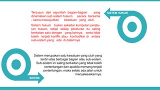 Tersusun dari sejumlah bagian-bagian yang
dinamakan sub sistem hukum secara bersama
- sama mewujudkan kesatuan yang utuh.
Sistem hukum bukan sekedar kumpulan peratu-
ran hukum, tetapi setiap peraturan itu saling
berkaitan satu dengan yang lainnya, serta tidak
boleh terjadi konflik atau kontradiksi di antara
sub-sistem yang ada di dalamnya
Sistem merupakan satu kesatuan yang utuh yang
terdiri atas berbagai bagian atau sub-sistem.
Sub-sistem ini saling berkaitan yang tidak boleh
bertentangan dan apabila memang terjadi
pertentangan, maka selalu ada jalan untuk
menyelesaikannya.
SISTEM
SISTEM HUKUM
 
