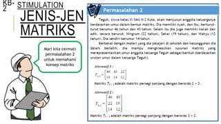JENIS-JENIS
MATRIKS
Mari kita cermati
permasalahan 2
untuk memahami
konsep matriks
KB-
2 STIMULATION
 