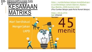 KESAMAAN
MATRIKS
KB-
3
Mari berdiskusi
Mengerjakan
LKPD
45menit
MENGUMPULKAN DAN
MENGOLAH DATA
https://bit.ly/2Y7e
8gY (Channel
Youtube)
https://sumberbelajar.belajar.kemdikbud.go.i
d/sumberbelajar/tampil/Operasi-Aljabar-
Dua-Matriks-2008/konten1.html
(Fitur Sumber Belajar pada Portal Rumah Belajar)
 