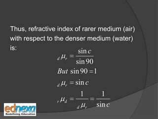 Thus, refractive index of rarer medium (air)
with respect to the denser medium (water)
is: sin
sin90
sin90 1
sin
1 1
sin
d r
d r
r d
d r
c
But
c
c
 