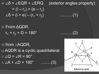  ∠δ = ∠EQR + ∠ERQ .(exterior angles property)
= (i – r1) + (e – r2)
∠δ = (i + e) – (r1 + r2) ………(1)
 From ΔQDR,
r1 + r2 + D = 180° ………(2)
 from □AQDR,
□ AQDR is a cyclic quadrilateral
∵ ∠Q = ∠R = 90°
∴ ∠A + ∠D = 180° ……..(3)
 
