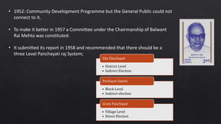 • 1952: Community Development Programme but the General Public could not
connect to it.
• To make it better in 1957 a Committee under the Chairmanship of Balwant
Rai Mehta was constituted.
• It submitted its report in 1958 and recommended that there should be a
three Level Panchayati raj System;
• District Level
• Indirect Election
Zila Panchayat
• Block Level
• Indirect election
Pnchayat Samiti
• Village Level
• Direct Election
Gram Panchayat
 