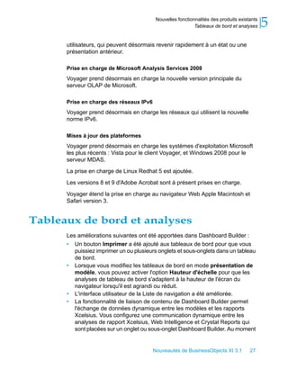 Nouvelles fonctionnalités des produits existants
                                                            Tableaux de bord et analyses     5
      utilisateurs, qui peuvent désormais revenir rapidement à un état ou une
      présentation antérieur.

      Prise en charge de Microsoft Analysis Services 2008
      Voyager prend désormais en charge la nouvelle version principale du
      serveur OLAP de Microsoft.

      Prise en charge des réseaux IPv6
      Voyager prend désormais en charge les réseaux qui utilisent la nouvelle
      norme IPv6.

      Mises à jour des plateformes
      Voyager prend désormais en charge les systèmes d'exploitation Microsoft
      les plus récents : Vista pour le client Voyager, et Windows 2008 pour le
      serveur MDAS.

      La prise en charge de Linux Redhat 5 est ajoutée.

      Les versions 8 et 9 d'Adobe Acrobat sont à présent prises en charge.

      Voyager étend la prise en charge au navigateur Web Apple Macintosh et
      Safari version 3.


Tableaux de bord et analyses
      Les améliorations suivantes ont été apportées dans Dashboard Builder :
      • Un bouton Imprimer a été ajouté aux tableaux de bord pour que vous
         puissiez imprimer un ou plusieurs onglets et sous-onglets dans un tableau
         de bord.
      • Lorsque vous modifiez les tableaux de bord en mode présentation de
         modèle, vous pouvez activer l'option Hauteur d'échelle pour que les
         analyses de tableau de bord s'adaptent à la hauteur de l'écran du
         navigateur lorsqu'il est agrandi ou réduit.
      • L'interface utilisateur de la Liste de navigation a été améliorée.
      • La fonctionnalité de liaison de contenu de Dashboard Builder permet
         l'échange de données dynamique entre les modèles et les rapports
         Xcelsius. Vous configurez une communication dynamique entre les
         analyses de rapport Xcelsius, Web Intelligence et Crystal Reports qui
         sont placées sur un onglet ou sous-onglet Dashboard Builder. Au moment


                                         Nouveautés de BusinessObjects XI 3.1         27
 