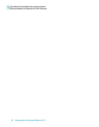 5   Nouvelles fonctionnalités des produits existants
    BusinessObjects XI Integration for SAP Solutions




    32    Nouveautés de BusinessObjects XI 3.1
 