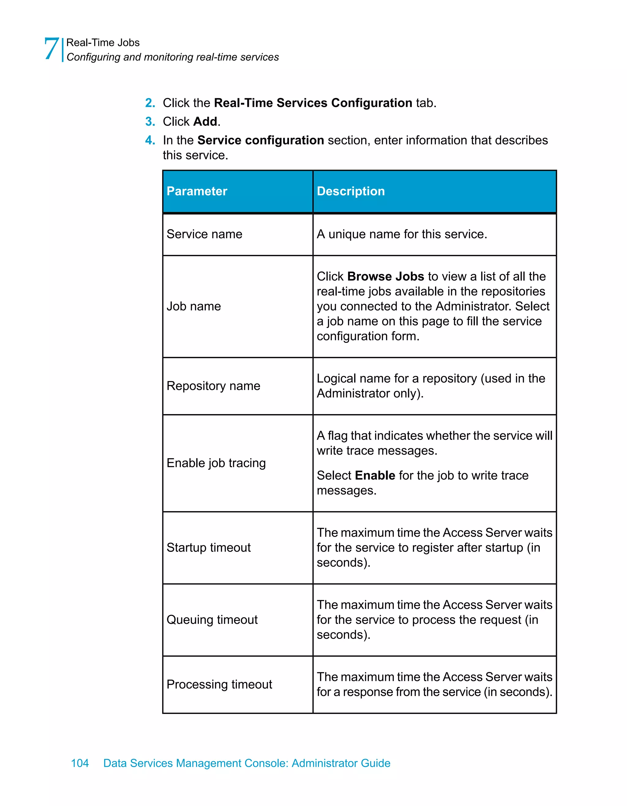7   Real-Time Jobs
    Configuring and monitoring real-time services



                    2. Click the Real-Time Services Configuration tab.
                    3. Click Add.
                    4. In the Service configuration section, enter information that describes
                       this service.

                         Parameter                  Description


                         Service name               A unique name for this service.


                                                    Click Browse Jobs to view a list of all the
                                                    real-time jobs available in the repositories
                         Job name                   you connected to the Administrator. Select
                                                    a job name on this page to fill the service
                                                    configuration form.


                                                    Logical name for a repository (used in the
                         Repository name
                                                    Administrator only).


                                                    A flag that indicates whether the service will
                                                    write trace messages.
                         Enable job tracing
                                                    Select Enable for the job to write trace
                                                    messages.


                                                    The maximum time the Access Server waits
                         Startup timeout            for the service to register after startup (in
                                                    seconds).


                                                    The maximum time the Access Server waits
                         Queuing timeout            for the service to process the request (in
                                                    seconds).


                                                    The maximum time the Access Server waits
                         Processing timeout
                                                    for a response from the service (in seconds).




    104    Data Services Management Console: Administrator Guide
 