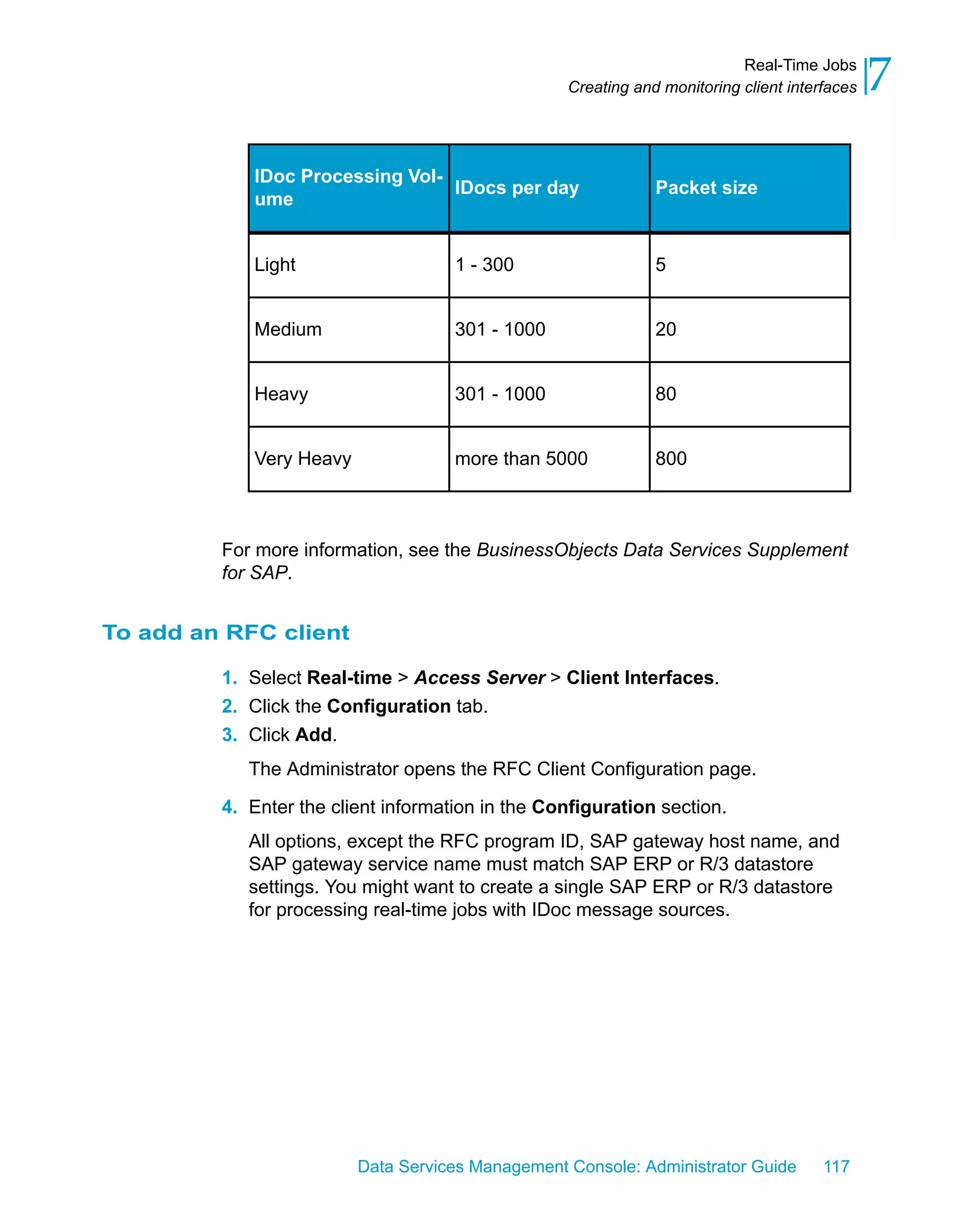 Real-Time Jobs
                                                  Creating and monitoring client interfaces   7
            IDoc Processing Vol-
                                 IDocs per day                Packet size
            ume


            Light                    1 - 300                  5


            Medium                   301 - 1000               20


            Heavy                    301 - 1000               80


            Very Heavy               more than 5000           800



         For more information, see the BusinessObjects Data Services Supplement
         for SAP.


To add an RFC client

         1. Select Real-time > Access Server > Client Interfaces.
         2. Click the Configuration tab.
         3. Click Add.
            The Administrator opens the RFC Client Configuration page.

         4. Enter the client information in the Configuration section.
            All options, except the RFC program ID, SAP gateway host name, and
            SAP gateway service name must match SAP ERP or R/3 datastore
            settings. You might want to create a single SAP ERP or R/3 datastore
            for processing real-time jobs with IDoc message sources.




                         Data Services Management Console: Administrator Guide        117
 