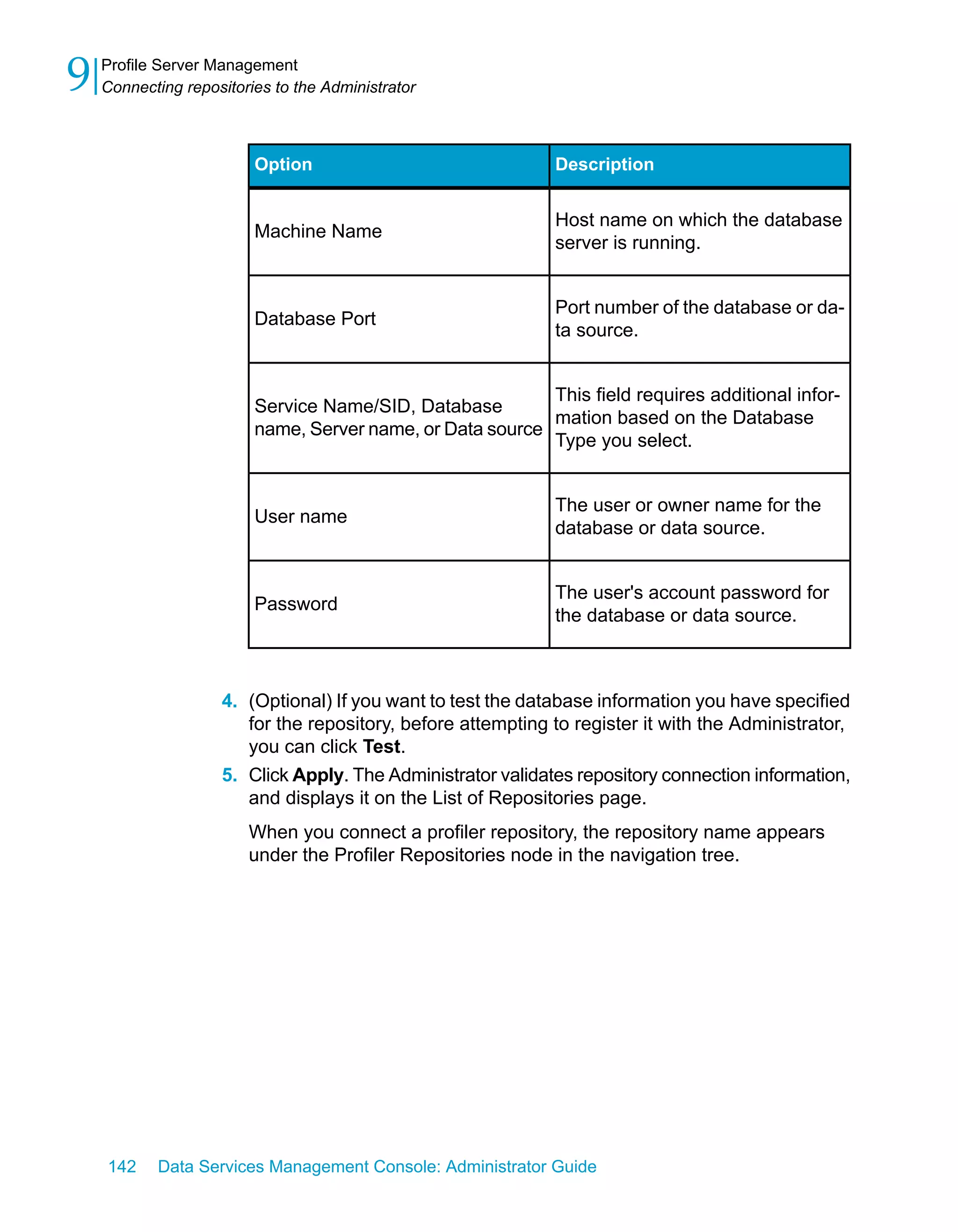9   Profile Server Management
    Connecting repositories to the Administrator



                         Option                              Description


                                                             Host name on which the database
                         Machine Name
                                                             server is running.


                                                             Port number of the database or da-
                         Database Port
                                                             ta source.


                                                           This field requires additional infor-
                         Service Name/SID, Database
                                                           mation based on the Database
                         name, Server name, or Data source
                                                           Type you select.


                                                             The user or owner name for the
                         User name
                                                             database or data source.


                                                             The user's account password for
                         Password
                                                             the database or data source.



                    4. (Optional) If you want to test the database information you have specified
                       for the repository, before attempting to register it with the Administrator,
                       you can click Test.
                    5. Click Apply. The Administrator validates repository connection information,
                       and displays it on the List of Repositories page.
                        When you connect a profiler repository, the repository name appears
                        under the Profiler Repositories node in the navigation tree.




    142    Data Services Management Console: Administrator Guide
 