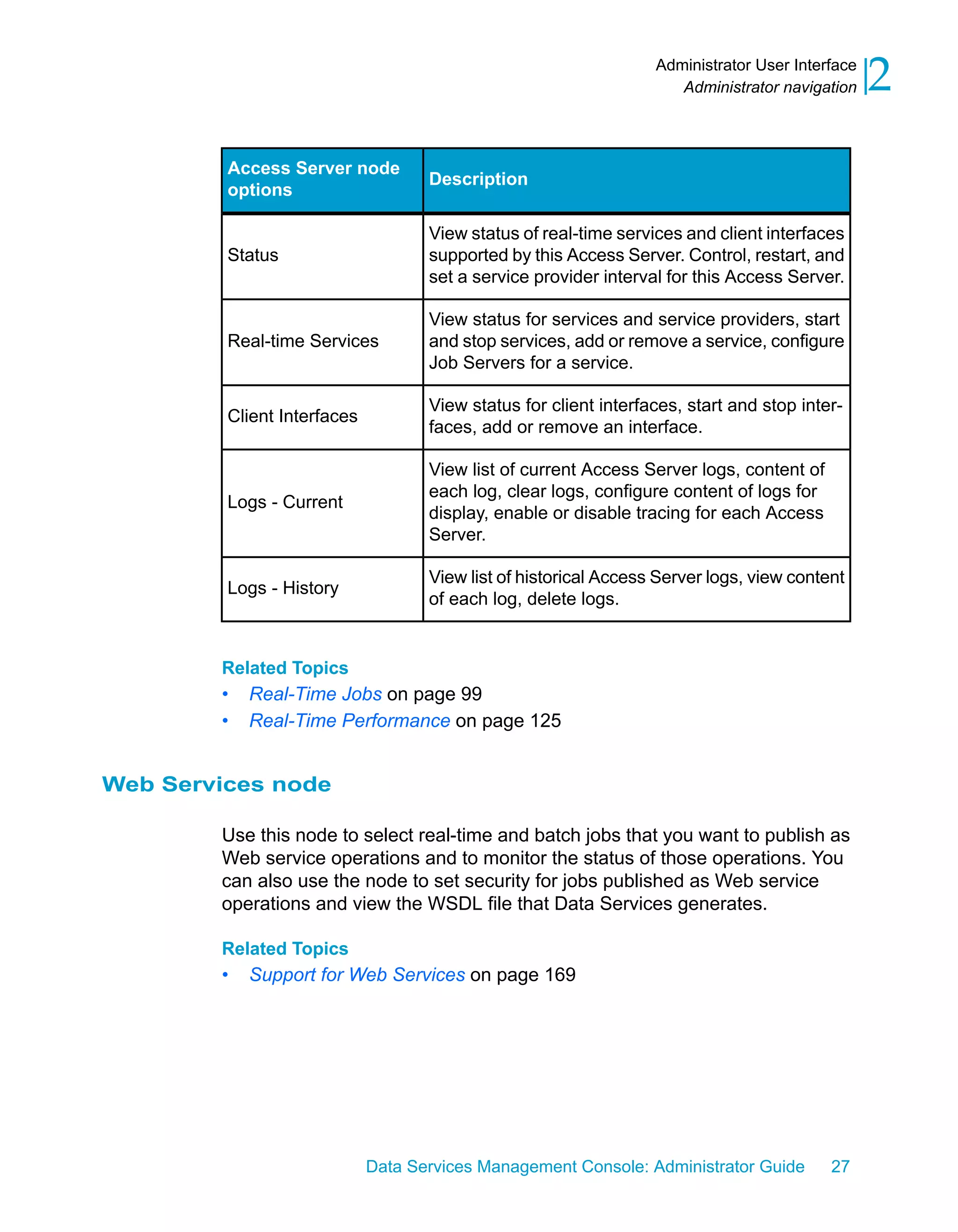 Administrator User Interface
                                                                     Administrator navigation    2
         Access Server node
                                    Description
         options

                                    View status of real-time services and client interfaces
         Status                     supported by this Access Server. Control, restart, and
                                    set a service provider interval for this Access Server.

                                    View status for services and service providers, start
         Real-time Services         and stop services, add or remove a service, configure
                                    Job Servers for a service.

                                    View status for client interfaces, start and stop inter-
         Client Interfaces
                                    faces, add or remove an interface.

                                    View list of current Access Server logs, content of
                                    each log, clear logs, configure content of logs for
         Logs - Current
                                    display, enable or disable tracing for each Access
                                    Server.

                                    View list of historical Access Server logs, view content
         Logs - History
                                    of each log, delete logs.


        Related Topics
        •   Real-Time Jobs on page 99
        •   Real-Time Performance on page 125


Web Services node

        Use this node to select real-time and batch jobs that you want to publish as
        Web service operations and to monitor the status of those operations. You
        can also use the node to set security for jobs published as Web service
        operations and view the WSDL file that Data Services generates.

        Related Topics
        •   Support for Web Services on page 169




                             Data Services Management Console: Administrator Guide        27
 