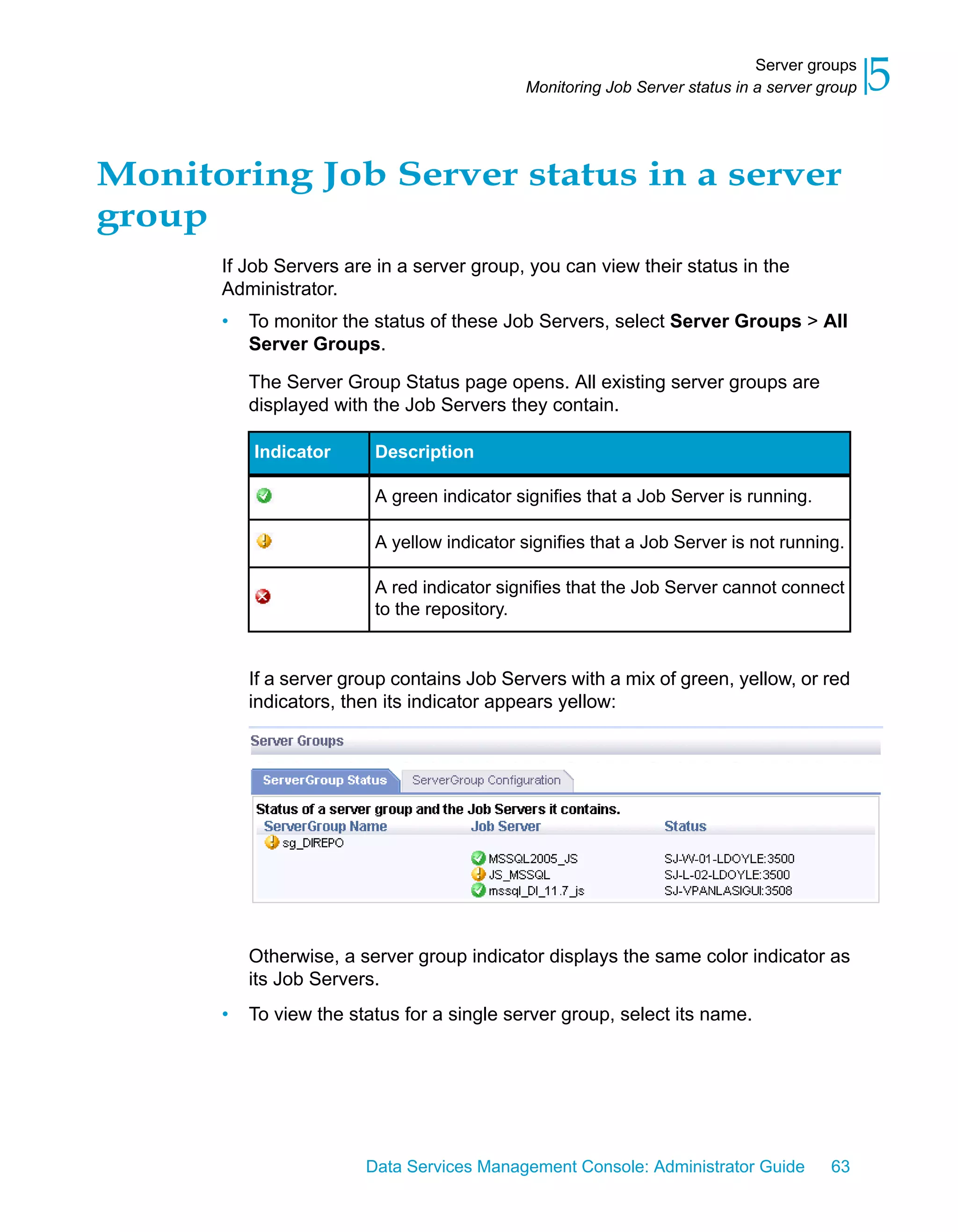 Server groups
                                            Monitoring Job Server status in a server group   5
Monitoring Job Server status in a server
group
      If Job Servers are in a server group, you can view their status in the
      Administrator.
      •   To monitor the status of these Job Servers, select Server Groups > All
          Server Groups.

          The Server Group Status page opens. All existing server groups are
          displayed with the Job Servers they contain.

          Indicator      Description

                         A green indicator signifies that a Job Server is running.

                         A yellow indicator signifies that a Job Server is not running.

                         A red indicator signifies that the Job Server cannot connect
                         to the repository.


          If a server group contains Job Servers with a mix of green, yellow, or red
          indicators, then its indicator appears yellow:




          Otherwise, a server group indicator displays the same color indicator as
          its Job Servers.
      •   To view the status for a single server group, select its name.




                        Data Services Management Console: Administrator Guide         63
 