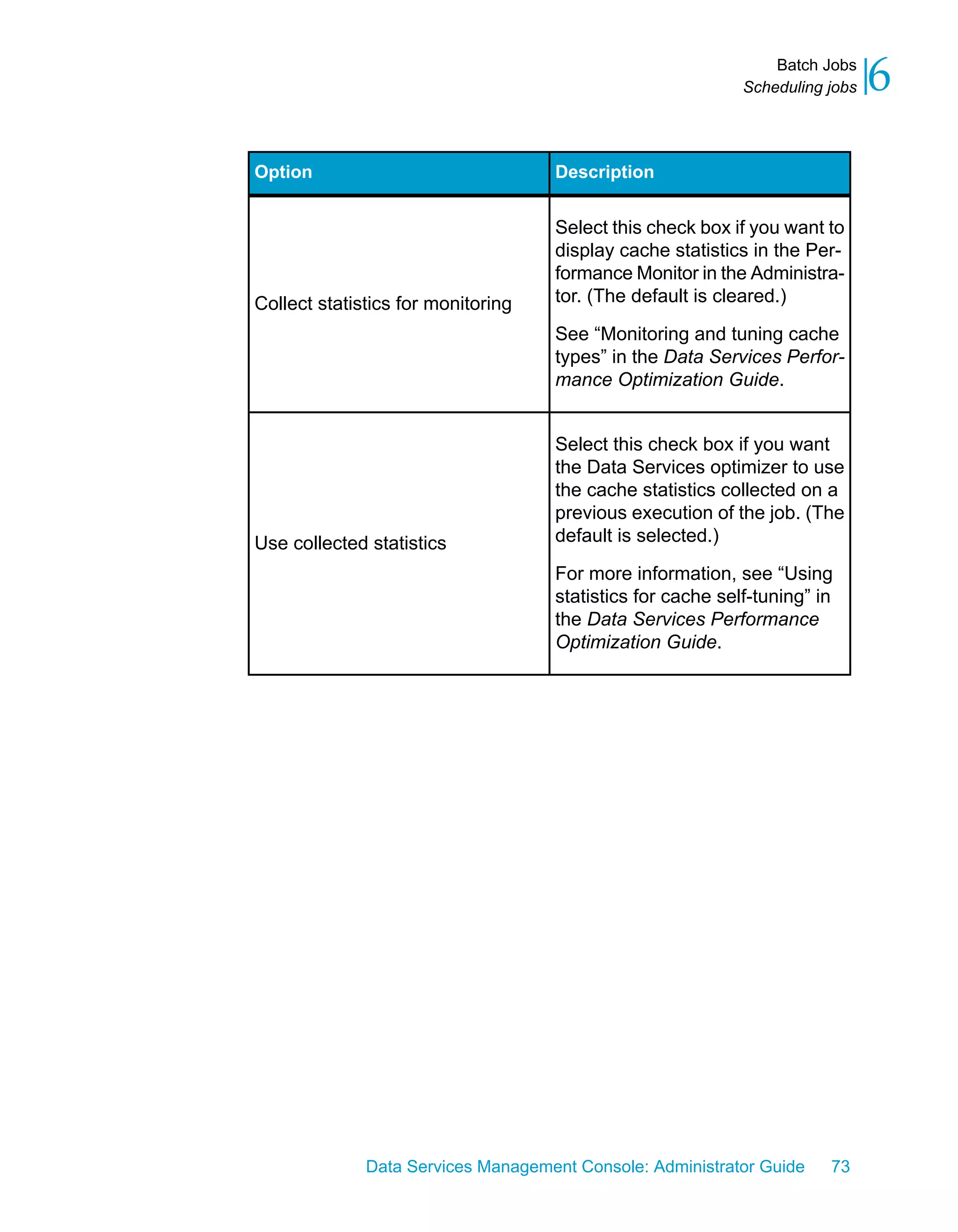 Batch Jobs
                                                            Scheduling jobs   6
Option                              Description


                                    Select this check box if you want to
                                    display cache statistics in the Per-
                                    formance Monitor in the Administra-
Collect statistics for monitoring   tor. (The default is cleared.)

                                    See “Monitoring and tuning cache
                                    types” in the Data Services Perfor-
                                    mance Optimization Guide.


                                    Select this check box if you want
                                    the Data Services optimizer to use
                                    the cache statistics collected on a
                                    previous execution of the job. (The
Use collected statistics            default is selected.)

                                    For more information, see “Using
                                    statistics for cache self-tuning” in
                                    the Data Services Performance
                                    Optimization Guide.




              Data Services Management Console: Administrator Guide    73
 