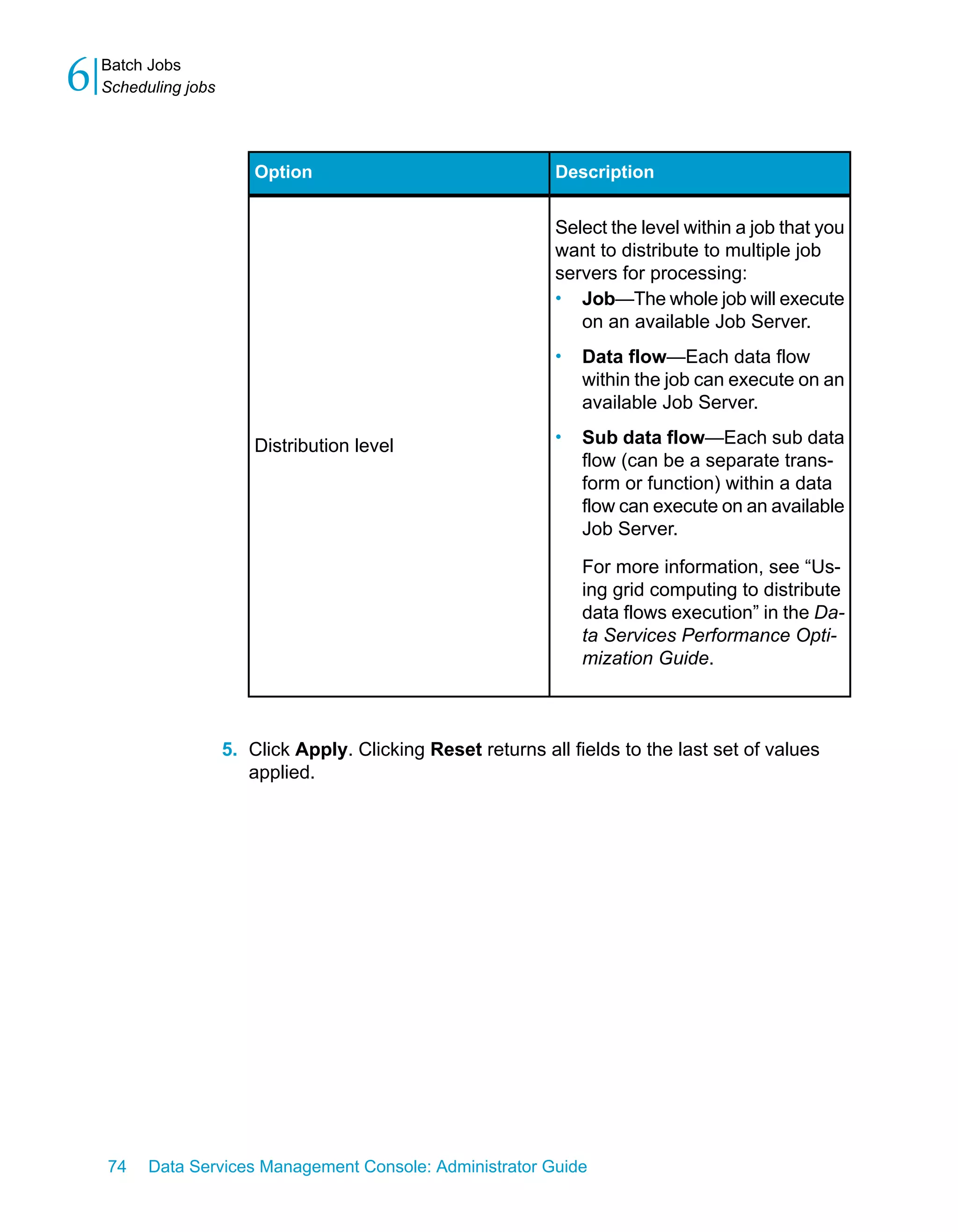 6   Batch Jobs
    Scheduling jobs




                          Option                               Description


                                                               Select the level within a job that you
                                                               want to distribute to multiple job
                                                               servers for processing:
                                                               • Job—The whole job will execute
                                                                  on an available Job Server.
                                                               •   Data flow—Each data flow
                                                                   within the job can execute on an
                                                                   available Job Server.

                          Distribution level                   •   Sub data flow—Each sub data
                                                                   flow (can be a separate trans-
                                                                   form or function) within a data
                                                                   flow can execute on an available
                                                                   Job Server.

                                                                   For more information, see “Us-
                                                                   ing grid computing to distribute
                                                                   data flows execution” in the Da-
                                                                   ta Services Performance Opti-
                                                                   mization Guide.



                      5. Click Apply. Clicking Reset returns all fields to the last set of values
                         applied.




    74    Data Services Management Console: Administrator Guide
 