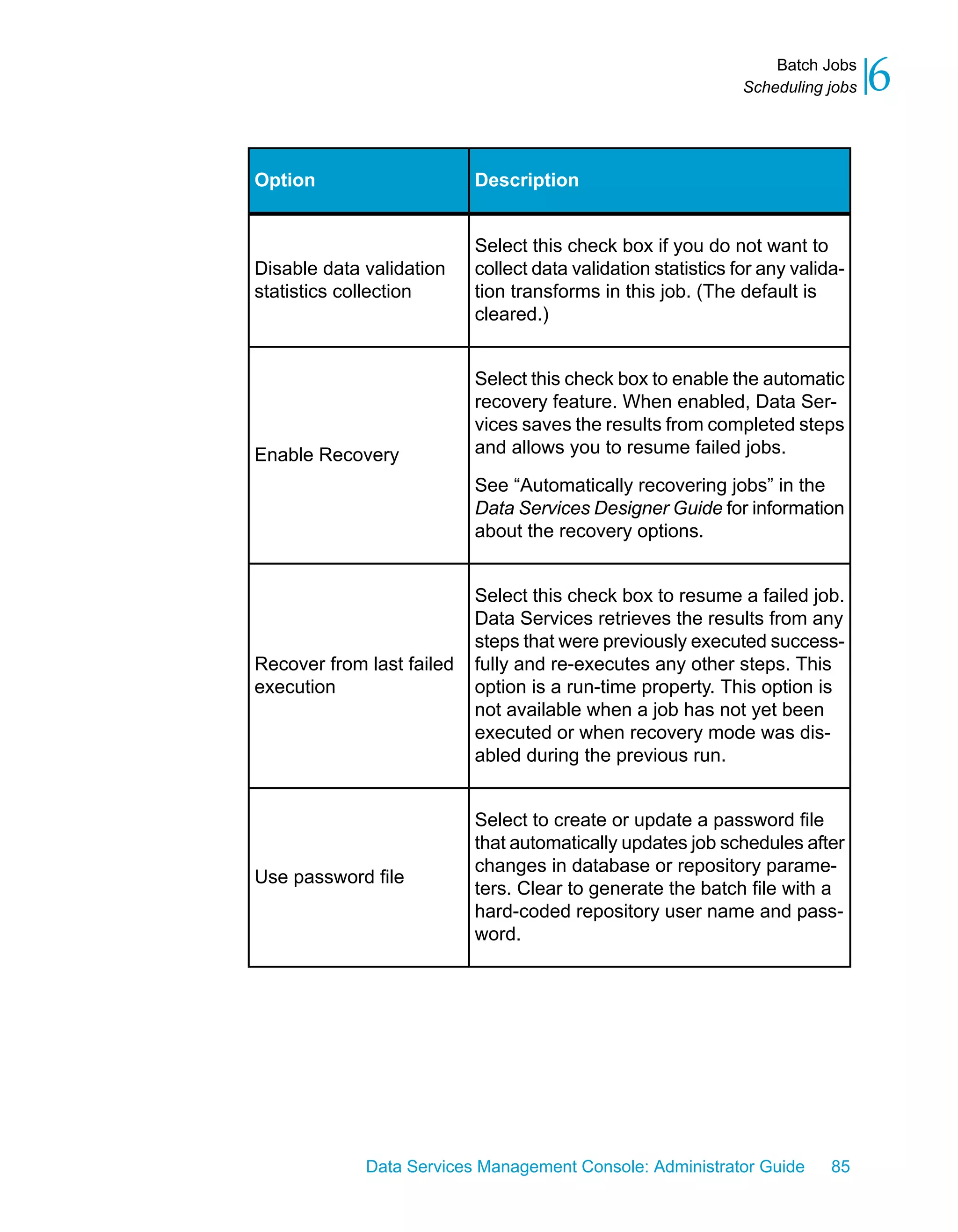 Batch Jobs
                                                               Scheduling jobs   6

Option                     Description


                           Select this check box if you do not want to
Disable data validation    collect data validation statistics for any valida-
statistics collection      tion transforms in this job. (The default is
                           cleared.)


                           Select this check box to enable the automatic
                           recovery feature. When enabled, Data Ser-
                           vices saves the results from completed steps
Enable Recovery            and allows you to resume failed jobs.

                           See “Automatically recovering jobs” in the
                           Data Services Designer Guide for information
                           about the recovery options.


                           Select this check box to resume a failed job.
                           Data Services retrieves the results from any
                           steps that were previously executed success-
Recover from last failed   fully and re-executes any other steps. This
execution                  option is a run-time property. This option is
                           not available when a job has not yet been
                           executed or when recovery mode was dis-
                           abled during the previous run.


                           Select to create or update a password file
                           that automatically updates job schedules after
                           changes in database or repository parame-
Use password file
                           ters. Clear to generate the batch file with a
                           hard-coded repository user name and pass-
                           word.




             Data Services Management Console: Administrator Guide         85
 