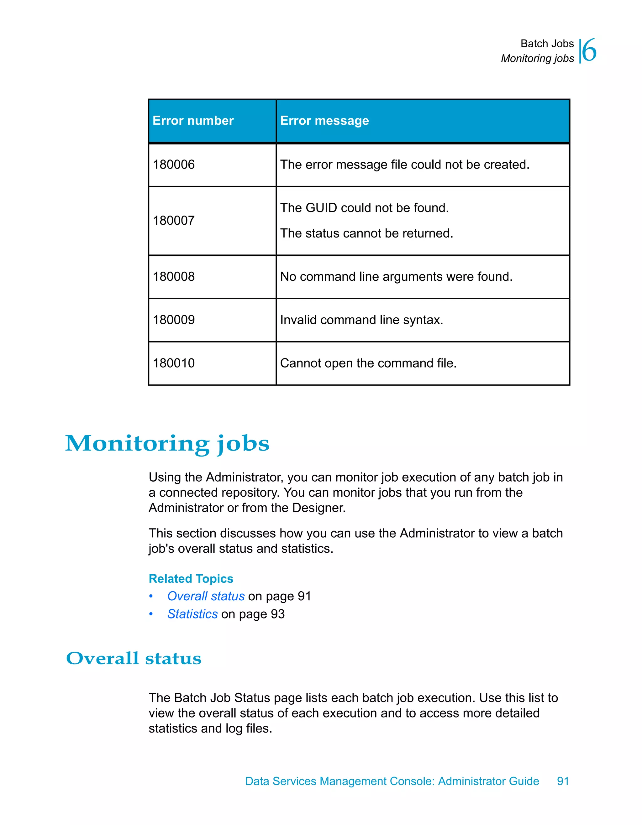 Batch Jobs
                                                                       Monitoring jobs   6

        Error number           Error message


        180006                 The error message file could not be created.


                               The GUID could not be found.
        180007
                               The status cannot be returned.


        180008                 No command line arguments were found.


        180009                 Invalid command line syntax.


        180010                 Cannot open the command file.




Monitoring jobs
        Using the Administrator, you can monitor job execution of any batch job in
        a connected repository. You can monitor jobs that you run from the
        Administrator or from the Designer.

        This section discusses how you can use the Administrator to view a batch
        job's overall status and statistics.

        Related Topics
        •   Overall status on page 91
        •   Statistics on page 93


Overall status

        The Batch Job Status page lists each batch job execution. Use this list to
        view the overall status of each execution and to access more detailed
        statistics and log files.



                         Data Services Management Console: Administrator Guide    91
 