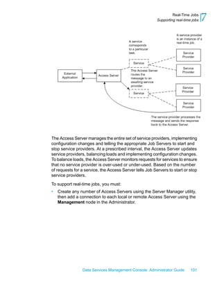 Real-Time Jobs
                                                         Supporting real-time jobs   7




The Access Server manages the entire set of service providers, implementing
configuration changes and telling the appropriate Job Servers to start and
stop service providers. At a prescribed interval, the Access Server updates
service providers, balancing loads and implementing configuration changes.
To balance loads, the Access Server monitors requests for services to ensure
that no service provider is over-used or under-used. Based on the number
of requests for a service, the Access Server tells Job Servers to start or stop
service providers.

To support real-time jobs, you must:
•   Create any number of Access Servers using the Server Manager utility,
    then add a connection to each local or remote Access Server using the
    Management node in the Administrator.




                Data Services Management Console: Administrator Guide        101
 