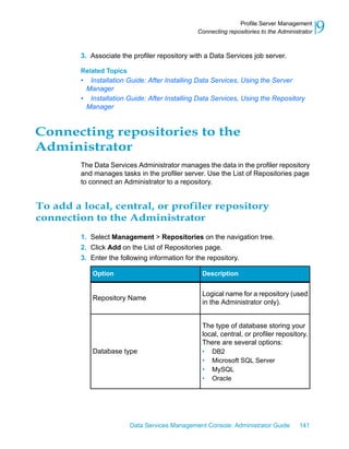 Profile Server Management
                                                Connecting repositories to the Administrator   9
         3. Associate the profiler repository with a Data Services job server.

         Related Topics
         • Installation Guide: After Installing Data Services, Using the Server
          Manager
         • Installation Guide: After Installing Data Services, Using the Repository
          Manager


Connecting repositories to the
Administrator
         The Data Services Administrator manages the data in the profiler repository
         and manages tasks in the profiler server. Use the List of Repositories page
         to connect an Administrator to a repository.


To add a local, central, or profiler repository
connection to the Administrator
         1. Select Management > Repositories on the navigation tree.
         2. Click Add on the List of Repositories page.
         3. Enter the following information for the repository.

             Option                              Description


                                                 Logical name for a repository (used
             Repository Name
                                                 in the Administrator only).


                                                 The type of database storing your
                                                 local, central, or profiler repository.
                                                 There are several options:
             Database type                       • DB2
                                                 • Microsoft SQL Server
                                                 • MySQL
                                                 • Oracle




                          Data Services Management Console: Administrator Guide        141
 