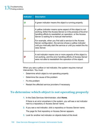 13   Troubleshooting
     Finding problems



                        Indicator   Description


                                    A green indicator means the object is running properly.


                                    A yellow indicator means some aspect of this object is not
                                    working. Either the Access Server is in the process of its error-
                                    handling efforts to reestablish an operation, or the Access
                                    Server is waiting for a manual intervention.

                                    For example, when you first add a service to the Access
                                    Server configuration, the service shows a yellow indicator
                                    until you manually start the service or until you restart the Ac-
                                    cess Server.


                                    A red indicator means one or more aspects of this object is
                                    not working, and the error handling efforts of Access Server
                                    were not able to reestablish the operation of the object.



                    When you see a yellow or red indicator, the system requires manual
                    intervention. You must:
                    •     Determine which object is not operating properly
                    •     Determine the cause of the problem
                    •     Fix the problem
                    •     Restart the affected service providers if necessary


     To determine which object is not operating properly
                    1. In the Data Services Administrator, click Home.
                          If there is an error anywhere in the system, you will see a red indicator
                          next to a repository or Access Server name.

                    2. If you see a red indicator, click a repository or Access Server name.
                          The page for that repository or Access Server appears.

                    3. Look for another red indicator on objects listed at this level.


     190    Data Services Management Console: Administrator Guide
 