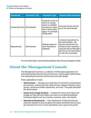 2   Administrator User Interface
    About the Management Console



     Component          Connection Tool       Connection Type      Purpose of this connection


                                              Computer name on
                                              which an Access
                                              Server is installed
                                                                   Connects Access Server
     Access Server(s) Administrator           and port (you speci-
                                                                   (s) to the Administrator
                                              fied in Server Man-
                                              ager). For example:
                                              AT589:4000


                                                                   Connects repositories to
                                                                   the Administrator. Job
                                              Settings based on    Servers (previously con-
     Repository(s)      Administrator         each repository's    nected to each repository
                                              database             using the Server Manager)
                                                                   also link to the Administra-
                                                                   tor with this connection.



                  For more information, see the BusinssObjects Data Services Designer Guide.


    About the Management Console
                  The Management Console is a collection of Web-based applications for
                  administering Data Services jobs and services, viewing object relationships,
                  and evaluating job execution performance and data quality.

                  These applications include:
                  •   Administrator — Manage your production environment including batch
                      job execution, real-time services, Web services, adapter instances, server
                      groups, central and profiler repositories, and more. This guide describes
                      the Administrator.
                  •   Impact and Lineage Analysis — Analyze the end-to-end impact and
                      lineage for Data Services tables and columns and BusinessObjects
                      Enterprise objects such as universes, business views, and reports.
                  •   Operational Dashboards — View dashboards of Data Services job
                      execution statistics to see at a glance the status and performance of your
                      job executions for one or more repositories over a given time period.


    22   Data Services Management Console: Administrator Guide
 