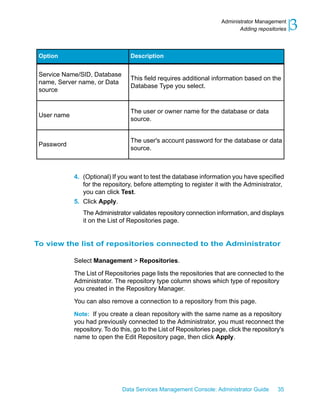 Administrator Management
                                                                              Adding repositories   3
 Option                            Description


 Service Name/SID, Database
                                   This field requires additional information based on the
 name, Server name, or Data
                                   Database Type you select.
 source


                                   The user or owner name for the database or data
 User name
                                   source.


                                   The user's account password for the database or data
 Password
                                   source.



             4. (Optional) If you want to test the database information you have specified
                for the repository, before attempting to register it with the Administrator,
                you can click Test.
             5. Click Apply.
                The Administrator validates repository connection information, and displays
                it on the List of Repositories page.


To view the list of repositories connected to the Administrator

             Select Management > Repositories.

             The List of Repositories page lists the repositories that are connected to the
             Administrator. The repository type column shows which type of repository
             you created in the Repository Manager.

             You can also remove a connection to a repository from this page.

             Note: If you create a clean repository with the same name as a repository
             you had previously connected to the Administrator, you must reconnect the
             repository. To do this, go to the List of Repositories page, click the repository's
             name to open the Edit Repository page, then click Apply.




                                Data Services Management Console: Administrator Guide        35
 
