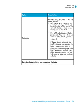 Batch Jobs
                                                         Scheduling jobs   6
Option                            Description


                                  From the drop-down list on the cal-
                                  endar, select:
                                  • Day of Week to schedule the
                                     job by the day of the week. You
                                     can select one or more days.
                                     Click again to deselect.
                                  •   Day of Month to schedule the
                                      job by date. You can select one
                                      or more dates. Click again to
Calendar                              deselect.

                                      If Recurring is selected, then
                                      the Administrator schedules this
                                      job to repeat every week or
                                      month on the selected day. Note
                                      that if you select multiple days
                                      of the week or month, the job
                                      will run on a recurring basis by
                                      default.


Select scheduled time for executing the jobs




            Data Services Management Console: Administrator Guide   69
 