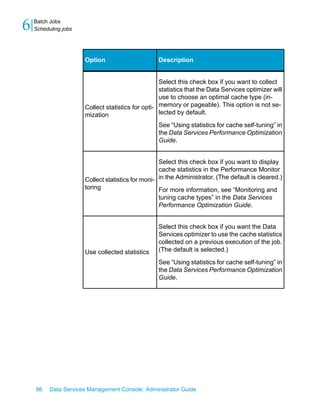 6   Batch Jobs
    Scheduling jobs




                      Option                      Description


                                                   Select this check box if you want to collect
                                                   statistics that the Data Services optimizer will
                                                   use to choose an optimal cache type (in-
                      Collect statistics for opti- memory or pageable). This option is not se-
                      mization                     lected by default.

                                                  See “Using statistics for cache self-tuning” in
                                                  the Data Services Performance Optimization
                                                  Guide.


                                                   Select this check box if you want to display
                                                   cache statistics in the Performance Monitor
                      Collect statistics for moni- in the Administrator. (The default is cleared.)
                      toring                       For more information, see “Monitoring and
                                                  tuning cache types” in the Data Services
                                                  Performance Optimization Guide.


                                                  Select this check box if you want the Data
                                                  Services optimizer to use the cache statistics
                                                  collected on a previous execution of the job.
                      Use collected statistics    (The default is selected.)

                                                  See “Using statistics for cache self-tuning” in
                                                  the Data Services Performance Optimization
                                                  Guide.




    86    Data Services Management Console: Administrator Guide
 