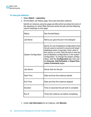 6   Batch Jobs
    Monitoring jobs



    To view job statistics
                1. Select Batch > repository
                2. On the Batch Job Status page, find a job execution instance.
                         Identify an instance using the page sub-title (which provides the name of
                         the repository on which Data Services stores the job) and the following
                         column headings on this page:

                         Status                    See Overall Status.


                         Job Name                  Name you gave the job in the Designer


                                                   Name of a set of datastore configurations that
                                                   the job uses to connect to source and target
                                                   databases when it executes. Each value in
                                                   this column is a link. Click the link to view the
                         System Configuration      set of datastore configurations in the system
                                                   configuration. To change the system configu-
                                                   ration, click the Configuration tab, then use
                                                   the Execute, Add Schedule or Export Exe-
                                                   cution Command pages.


                         Job Server                Server that ran this job


                         Start Time                Date and time this instance started


                         End Time                  Date and time this instance stopped


                         Duration                  Time (in seconds) the job took to complete


                         Run #                     Times this instance ran before completing




                      3. Under Job Information for an instance, click Monitor.



    94    Data Services Management Console: Administrator Guide
 