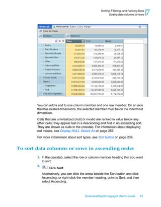 Sorting, Filtering, and Ranking Data
                                                            Sorting data columns or rows     7




        You can add a sort to one column member and one row member. On an axis
        that has nested dimensions, the selected member must be on the innermost
        dimension.

        Cells that are uninitialized (null) or invalid are ranked in value below any
        other cells; they appear last in a descending and first in an ascending sort.
        They are shown as nulls in the crosstab. For information about displaying
        null values, see Display NULL Values As on page 257.

        For more information about sort types, see Sort button on page 239.


To sort data columns or rows in ascending order
        1. In the crosstab, select the row or column member heading that you want
           to sort.
        2.
                 Click Sort.
           Alternatively, you can click the arrow beside the Sort button and click
           Ascending, or right-click the member heading, point to Sort, and then
           select Ascending.



                                           BusinessObjects Voyager User's Guide       93
 