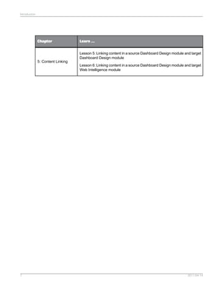 Learn ....Chapter
Lesson 5: Linking content in a source Dashboard Design module and target
Dashboard Design module
Lesson 6: Linking content in a source Dashboard Design module and target
Web Intelligence module
5: Content Linking
2011-04-147
Introduction
 