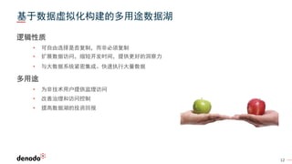 12
基于数据虚拟化构建的多用途数据湖
逻辑性质
• 可自由选择是否复制，而非必须复制
• 扩展数据访问，缩短开发时间，提供更好的洞察力
• 与大数据系统紧密集成。快速执行大量数据
多用途
• 为非技术用户提供监理访问
• 改善治理和访问控制
• 提高数据湖的投资回报
 