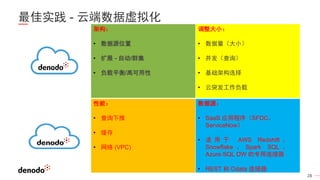 28
架构：
• 数据源位置
• 扩展 - 自动/群集
• 负载平衡/高可用性
调整大小：
• 数据量（大小）
• 并发（查询）
• 基础架构选择
• 云突发工作负载
性能：
• 查询下推
• 缓存
• 网络 (VPC)
数据源：
• SaaS 应用程序（SFDC、
ServiceNow）
• 适 用 于 AWS Redshift 、
Snowflake 、 Spark SQL 、
Azure SQL DW 的专用连接器
• REST 和 Odata 连接器
最佳实践 - 云端数据虚拟化
 