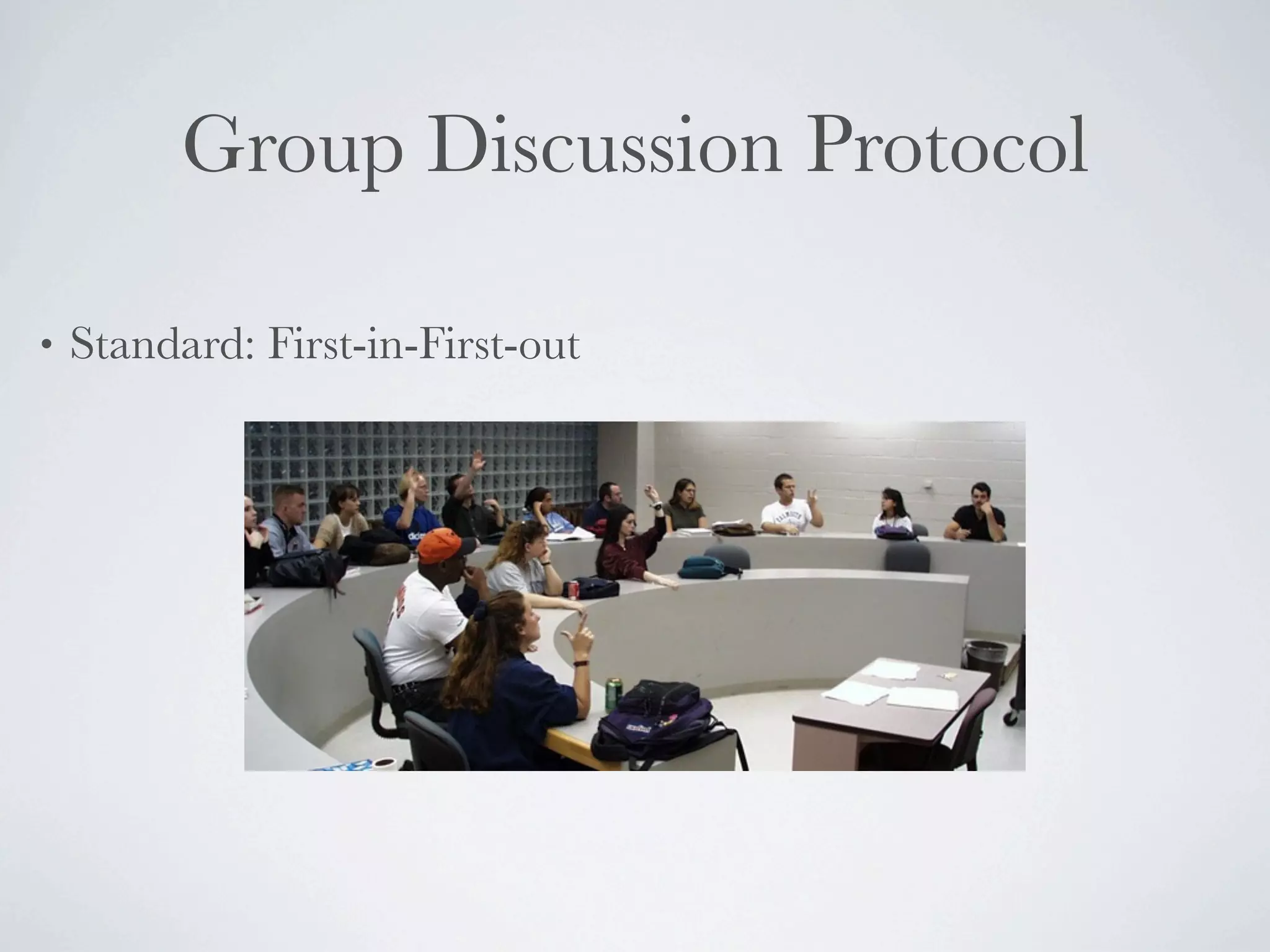 Group Discussion Protocol

•   Standard: First-in-First-out
 