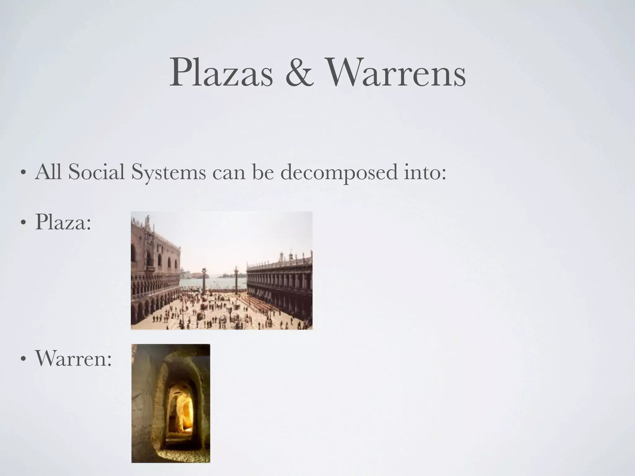 Plazas & Warrens

•   All Social Systems can be decomposed into:

•   Plaza:




•   Warren:
 