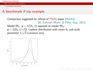 Likelihood-free Methods
   ABC model choice consistency
     Formalised framework


A benchmark if toy example
       Comparison suggested by referee of PNAS paper [thanks]:
                                 [X, Cornuet, Marin,  Pillai, Aug. 2011]
       Model M1 : y ∼ N (θ1 , 1) opposed to model M2 :
                    √
       y ∼ L(θ2 , 1/ √ Laplace distribution with mean θ2 and scale
                      2),
       parameter 1/ 2 (variance one).
                 6
                 5
                 4
       Density

                 3
                 2
                 1
                 0




                     0.1   0.2   0.3          0.4        0.5   0.6   0.7

                                       posterior probability
 