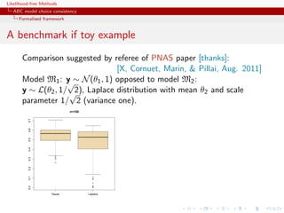 Likelihood-free Methods
   ABC model choice consistency
     Formalised framework


A benchmark if toy example
       Comparison suggested by referee of PNAS paper [thanks]:
                                 [X, Cornuet, Marin,  Pillai, Aug. 2011]
       Model M1 : y ∼ N (θ1 , 1) opposed to model M2 :
                    √
       y ∼ L(θ2 , 1/ √ Laplace distribution with mean θ2 and scale
                      2),
       parameter 1/ 2 (variance one).
                            n=100
         0.7
         0.6
         0.5
         0.4




                      q
         0.3




                      q
                      q

                      q
         0.2
         0.1




                                       q
                                       q
                                       q

                                       q
                                       q
         0.0




                                       q
                                       q



                    Gauss           Laplace
 