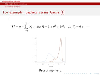 Likelihood-free Methods
   ABC model choice consistency
     Summary statistics


Toy example: Laplace versus Gauss [1]
       If
                                n
              n           −1
            T =n                     Xi4 ,       µ1 (θ) = 3 + θ4 + 6θ2 ,                            µ2 (θ) = 6 + · · ·
                               i=1
                                             8
                                             6
                                             4
                                             2
                                             0




                                                 0.0    0.2   0.4                 0.6   0.8   1.0

                                                                    probability




                                                       Fourth moment
 