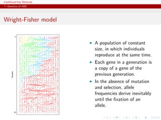 Likelihood-free Methods
   Genetics of ABC




Wright-Fisher model de
 Le modèle                Wright-Fisher

                          •! En l’absence de mutation et de
                             sélection,A population of constant
                                        les fréquences
                             alléliquessize, in which individuals
                                        dérivent (augmentent
                             et diminuent) inévitablement
                                       reproduce at the same time.
                             jusqu’à la fixation d’un allèle
                                      Each gene in a generation is
                                      a copy of a gene of the
                          •! La dérivepreviousdonc à la
                                      conduit generation.
                            perte de variation génétique à
                            l’intérieur In the absence of mutation
                                         des populations
                                     and selection, allele
                                     frequencies derive inevitably
                                     until the ﬁxation of an
                                     allele.
 