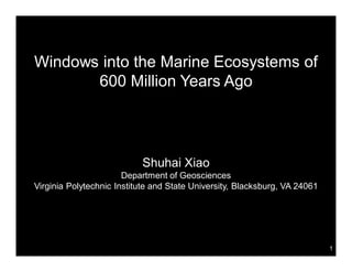 Windows into the Marine Ecosystems of
       600 Million Years Ago




                           Shuhai Xiao
                       Department of Geosciences
Virginia Polytechnic Institute and State University, Blacksburg, VA 24061




                                                                            1
 