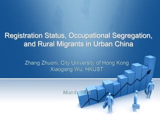 Registration Status, Occupational Segregation,
and Rural Migrants in Urban China
Zhang Zhuoni, City University of Hong Kong
Xiaogang Wu, HKUST
March 2015
 