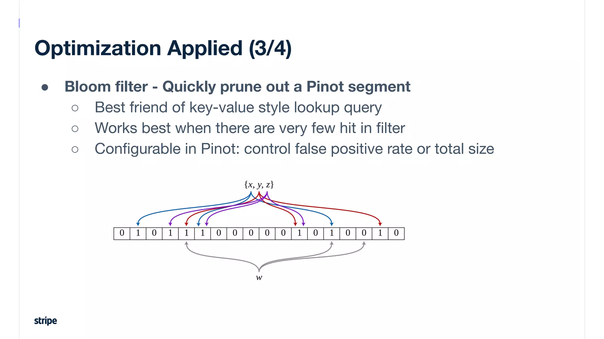Optimization Applied (3/4)
● Bloom ﬁlter - Quickly prune out a Pinot segment
○ Best friend of key-value style lookup query
○ Works best when there are very few hit in ﬁlter
○ Conﬁgurable in Pinot: control false positive rate or total size
 