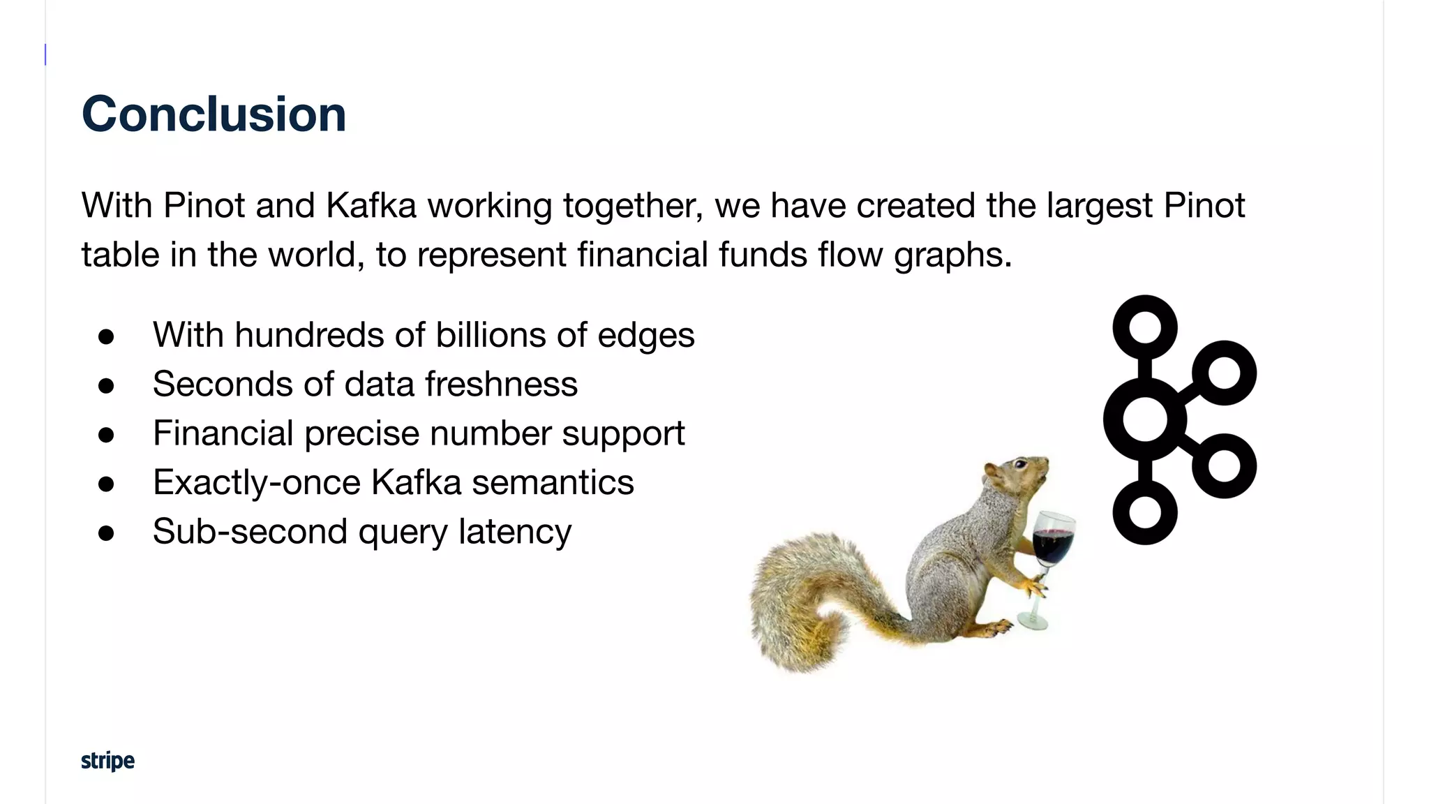 With Pinot and Kafka working together, we have created the largest Pinot
table in the world, to represent ﬁnancial funds ﬂow graphs.
● With hundreds of billions of edges
● Seconds of data freshness
● Financial precise number support
● Exactly-once Kafka semantics
● Sub-second query latency
Conclusion
 