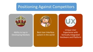 Ability to tap in
Developing Markets
Best User Interface
system in the world
Unique User
Experience with
Vertically Integrated
Hardware and Platform
Positioning Against Competitors
 