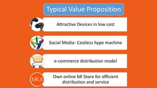 Typical Value Proposition
Attractive Devices in low cost
Social Media- Costless hype machine
e-commerce distribution model
Own online MI Store for efficient
distribution and service
 