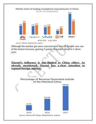 Although the market got more concentrated overall, Xiaomi saw one
of the fastest increase, gaining 5 points of market share in 1 short
year.
Xiaomi’s influence is not limited to China either. As
already mentioned, Xiaomi has a clear intention to
expand foreign market:
 