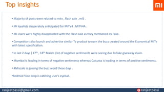 Top insights
• Majority of posts were related to mitv , flash sale , mi5 .
• Mi loyalists desperately anticipated for MiTV4 , MiTV4A .
• Mi Users were highly disappointed with the Flash sale as they mentioned its Fake.
• Competitors also launch and advertise similar Tv product to earn the buzz created around the Economical MiTv
with latest specification.
• In last 2 days ( 17th , 18th March ) lot of negative sentiments were seeing due to fake giveaway claim.
• Mumbai is leading in terms of negative sentiments whereas Calcutta is leading in terms of positive sentiments.
• #Miscale is gaining the buzz word these days .
•Redmi4 Price drop is catching user’s eyeball.
ranjeetpassi@gmail.com ranjeetpassi
 